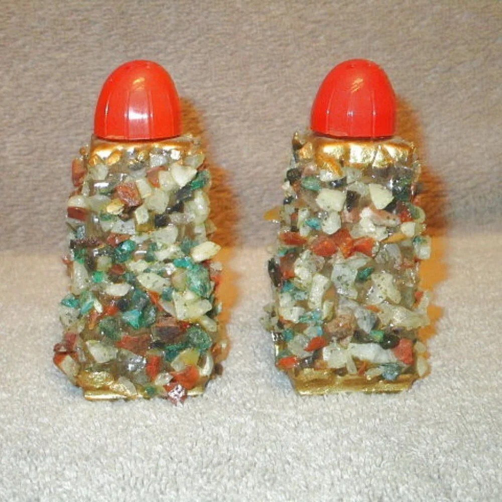 Vtg Gemstone Crystals Salt & Pepper Shakers Set Of 2 Minerals Gold Gilt Marked